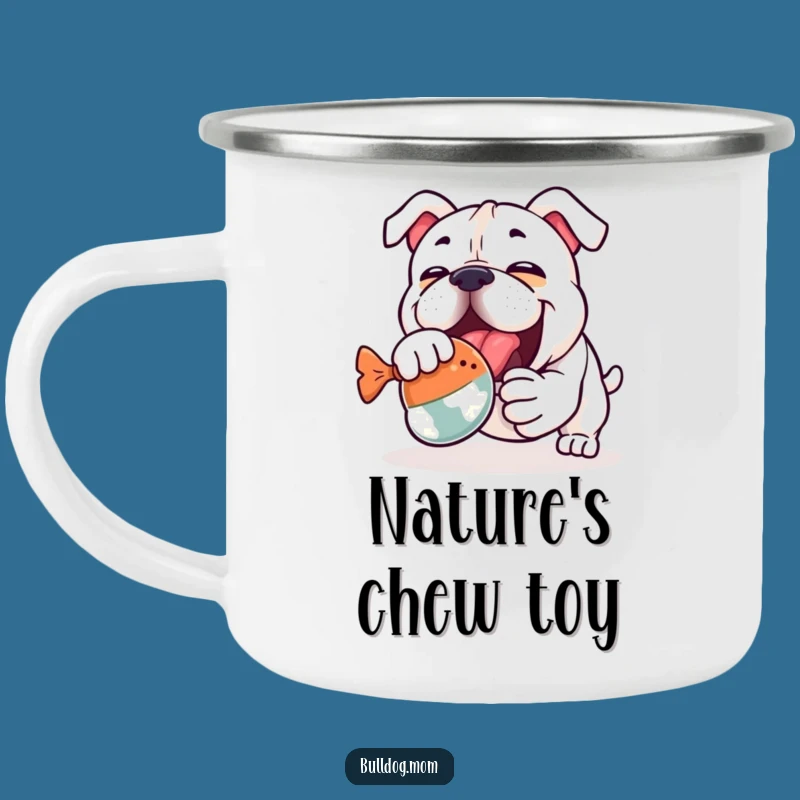 Funny Kawaii Bulldog Camping Mug: Enthusiastic Toy Wrestling Adventure