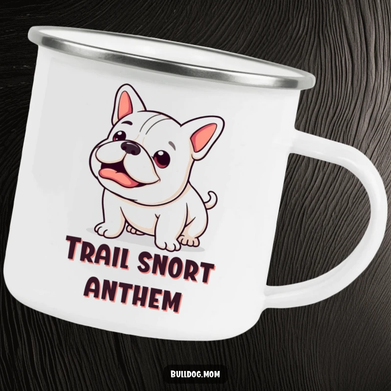 Funny Kawaii Bulldog Camping Mug: A cute bulldog mid-happy snort, stubby tail wagging, ready for outdoor adventures and warm beverages.