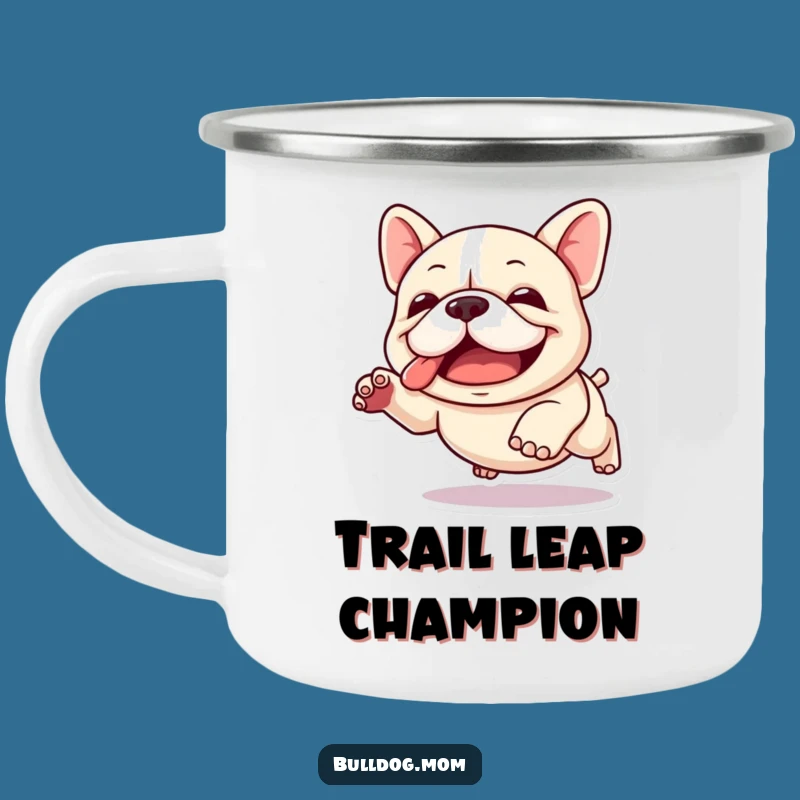 Funny Kawaii Bulldog Camping Mug: Joyful Leap Adventure