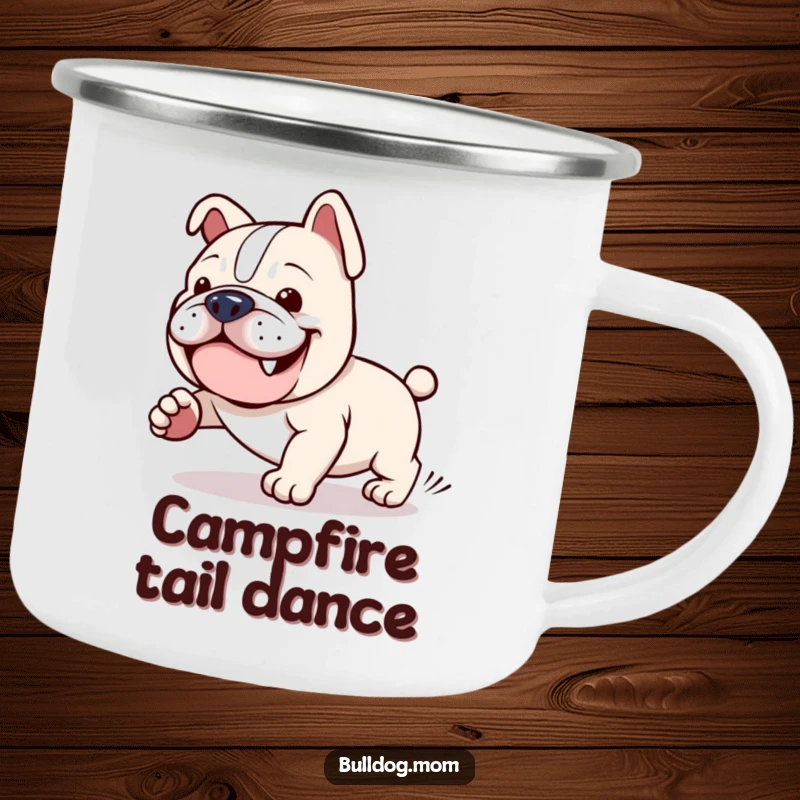 Funny Kawaii Bulldog Camping Mug: A cute bulldog comically chasing its tail, ready for outdoor adventures and coffee breaks.