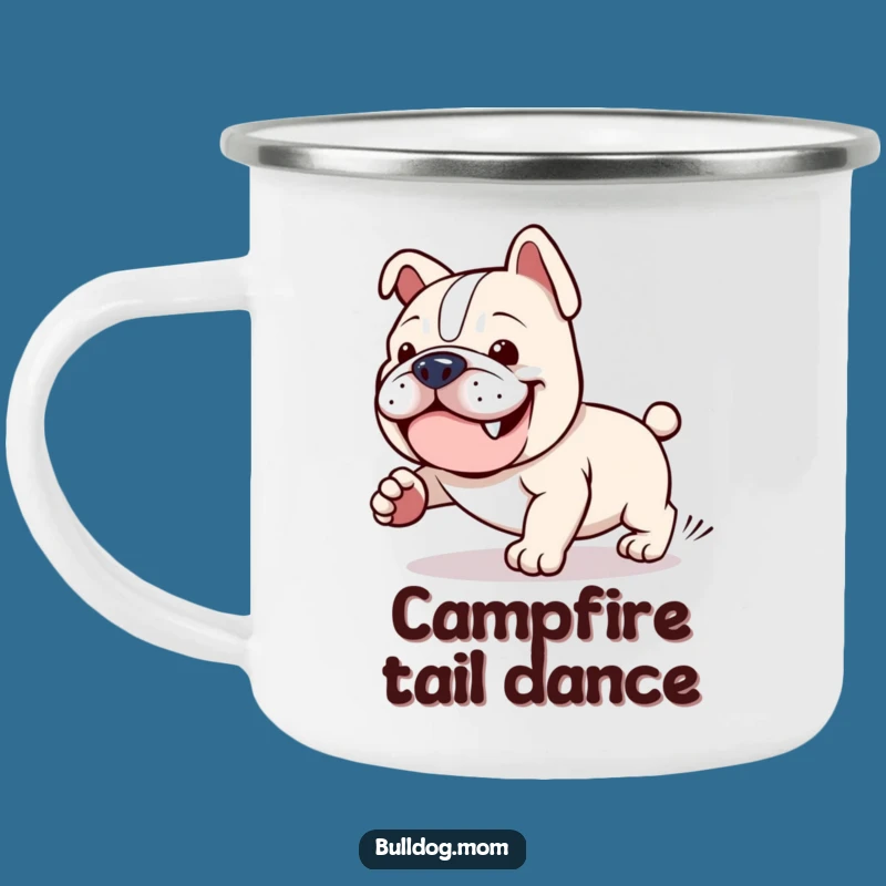 Funny Kawaii Bulldog Camping Mug: Tail Chasing Adventure Fuel