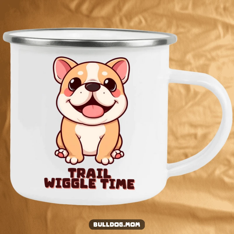 Funny Kawaii Bulldog Camping Mug: Durable enamel mug with a cute dog doing a happy wiggle, ideal funny outdoor gift.