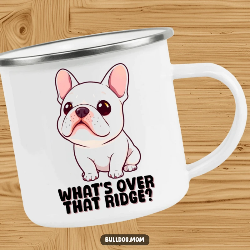 Funny Kawaii Bulldog Camping Mug showing a cute bulldog tilting its head with an expression of deep curiosity.