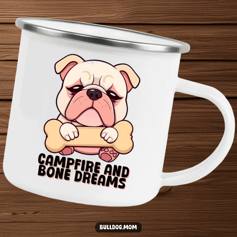 Funny Kawaii Bulldog camping mug with droopy eyes, blissfully cuddling a plush bone, ready for outdoor adventures and cozy moments.