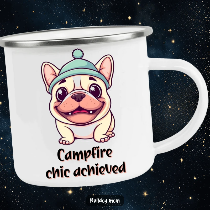 Funny Kawaii Bulldog Camping Mug showcasing a grinning dog with a hat, perfect for outdoor enthusiasts who love humor.