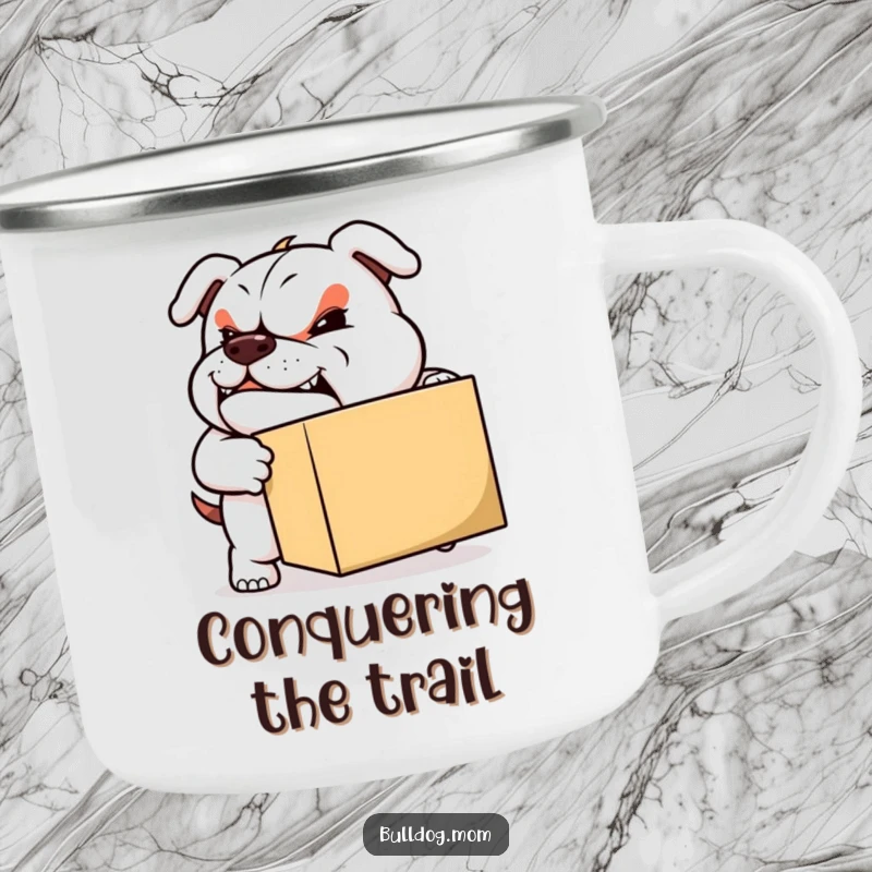 Funny Moving Bulldog Camping Mug: A sturdy bulldog with a determined grin pushes a box, ready for rigorous tasks and outdoor life.