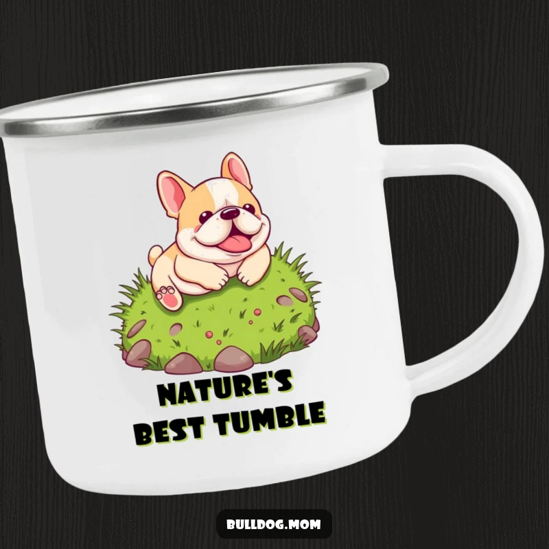 Funny Kawaii Bulldog Camping Mug: A charming cartoon bulldog joyfully rolls down a grassy hill, perfect for rugged adventures and happy moments.