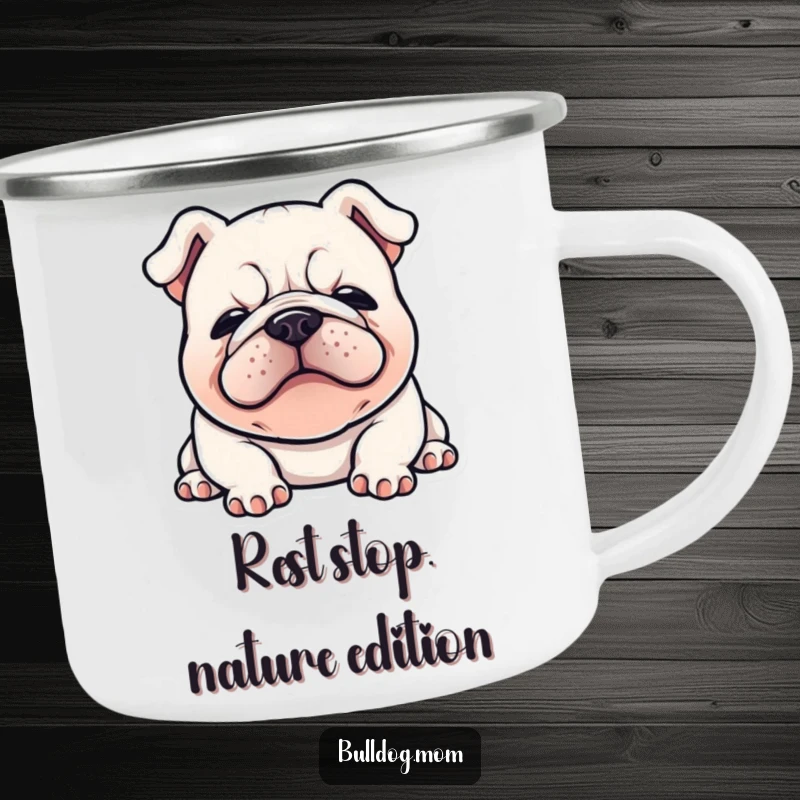 Funny Kawaii Bulldog camping mug showing a happy bulldog flopped down with a content sigh, perfect for outdoor beverages.