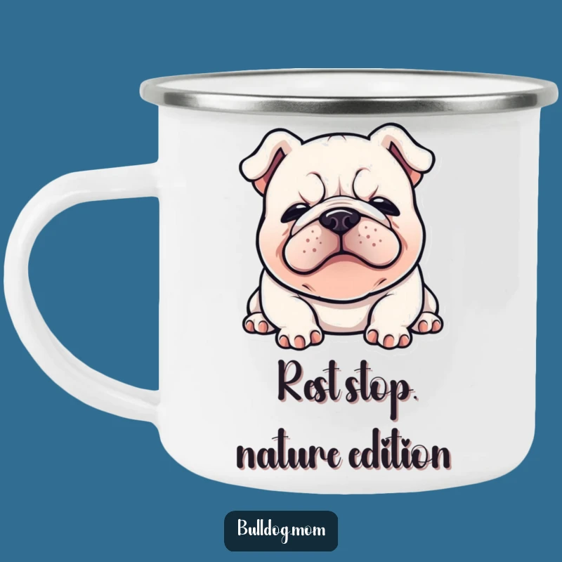 Funny Kawaii Bulldog Camping Mug: Flopped Down Sigh Views, Comedic Adventure