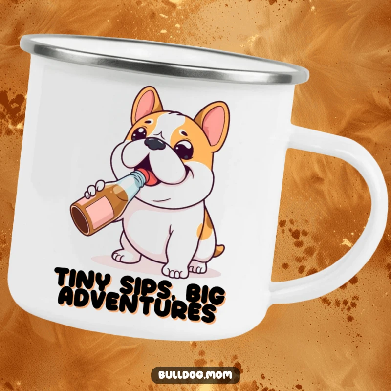 Funny Bulldog chug camping mug featuring a happy Bulldog character happily chugging from a tiny bottle, ready for happy adventures.