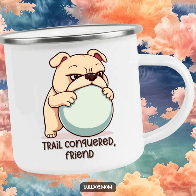 Funny camping mug featuring a determined bulldog pushing a large ball, perfect for those who tackle challenges outdoors.