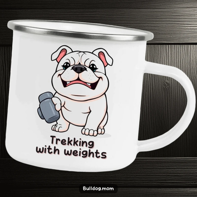 Funny Kawaii Bulldog Camping Mug, a strong dog with a determined grin carrying a tiny dumbbell, a humorous and durable outdoor mug.