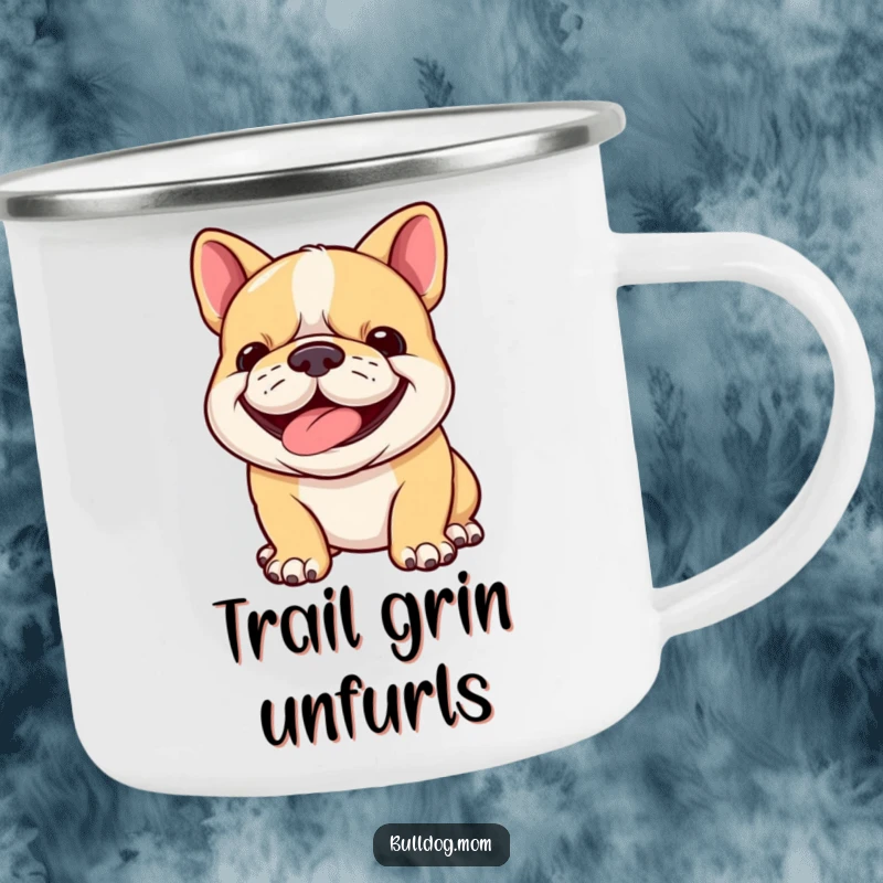 Funny bulldog cub camping mug showing a happy puppy panting with a determined grin, ready for any outdoor activity with infectious cheer.