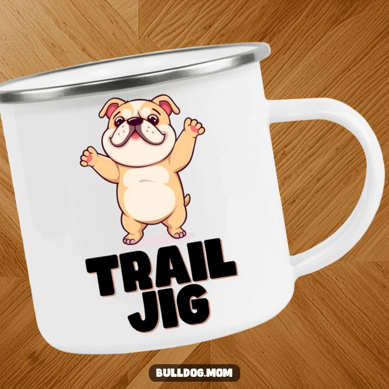 Funny camping mug showcasing a bulldog in a delightful, clumsy dance, perfect for adding humor to outdoor trips.