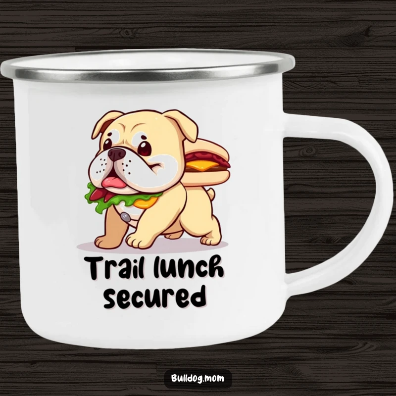 Funny camping mug with a happy bulldog waddling with a large sandwich, ideal for outdoor dining.