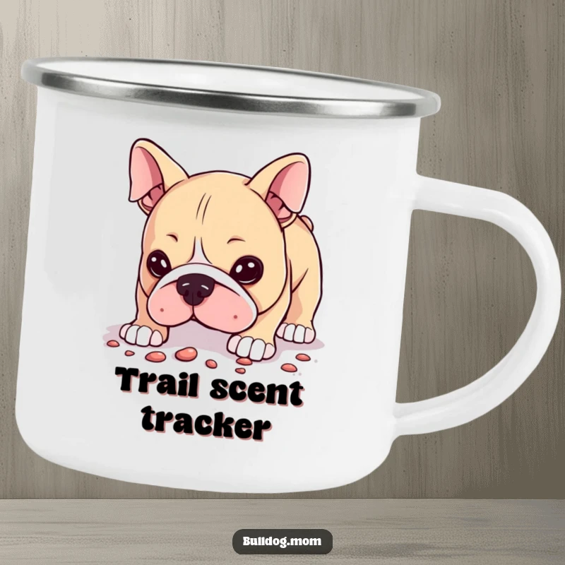 Funny Camping Mug showing a Kawaii bulldog humorously sniffing the ground, its curiosity leading the way on outdoor adventures.