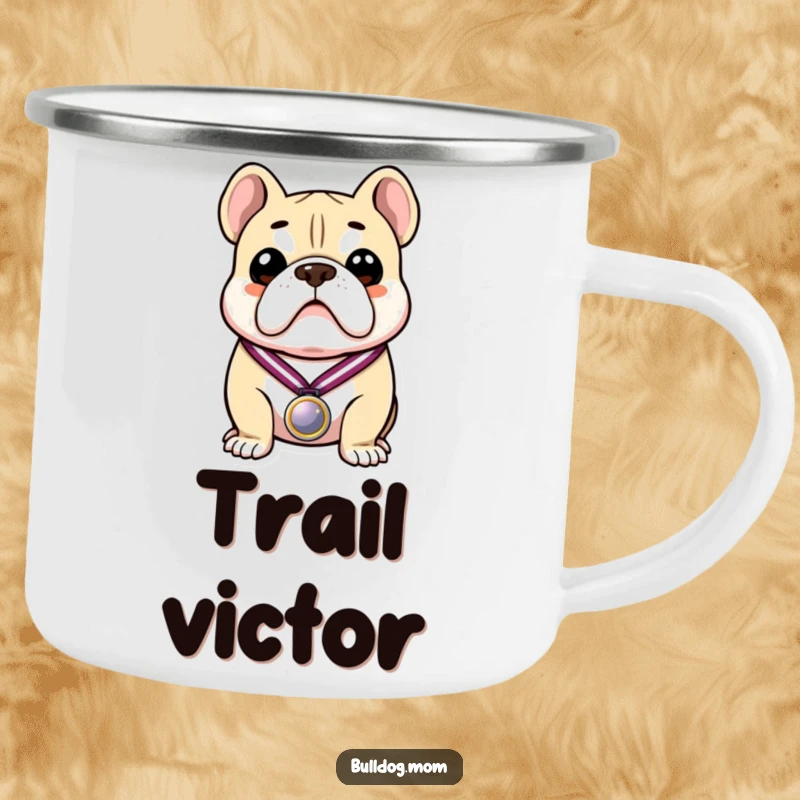 Funny camping mug featuring a proud bulldog holding a medal, perfect for outdoor enthusiasts who love humor.