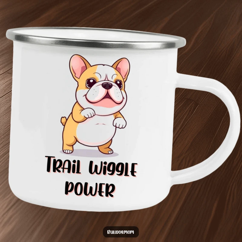 Funny Camping Mug showcasing a Kawaii bulldog in a hilarious wiggly dance, its tail wagging, ideal for outdoor enthusiasts who love humor.