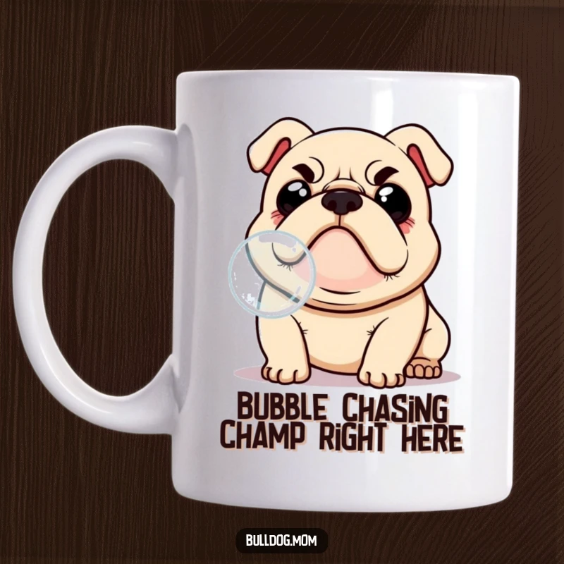 Funny Kawaii Bulldog mug with a furrowed brow, happy eyes, hilariously trying to catch a floating bubble, conveying pure, silly joy.