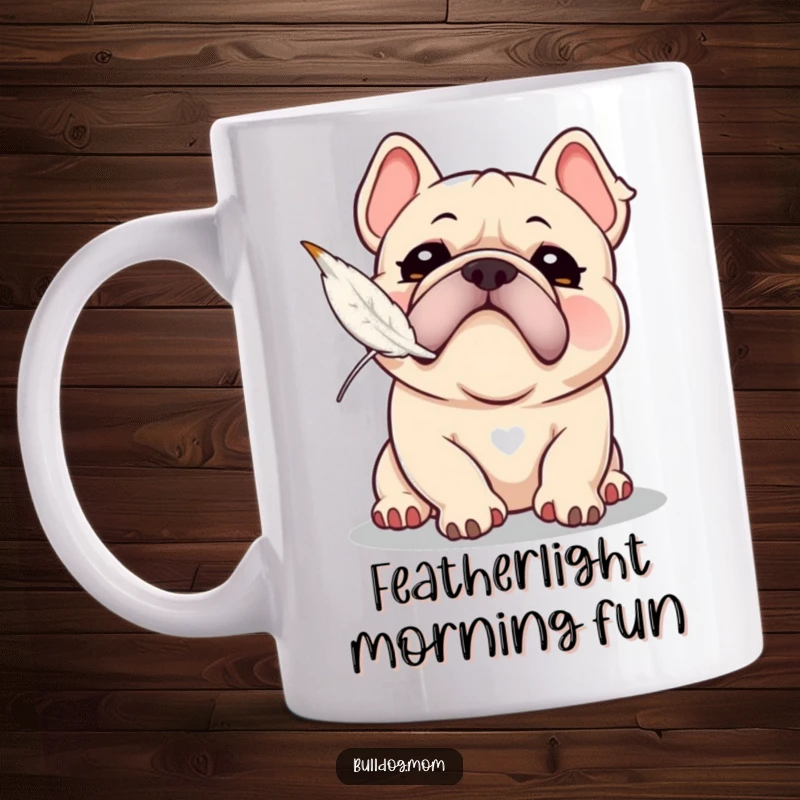 Funny Kawaii Bulldog mug with a playful snort, attempting to catch a floating feather, showing energetic focus and silliness.