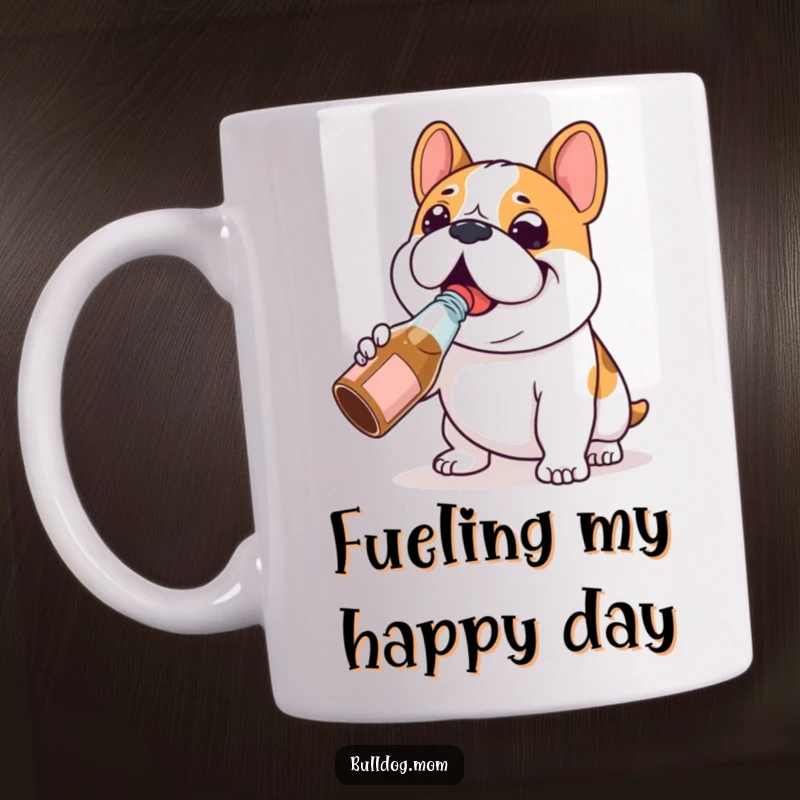 Funny Bulldog mug featuring a happy Bulldog character happily chugging from a tiny bottle with gleeful satisfaction.