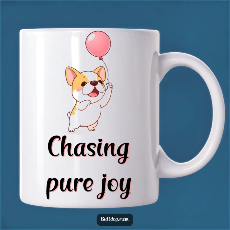 Funny Balloon Bulldog Mug Gift: Excited kawaii pup chasing a balloon, pure joy captured, a hilarious funny gift.