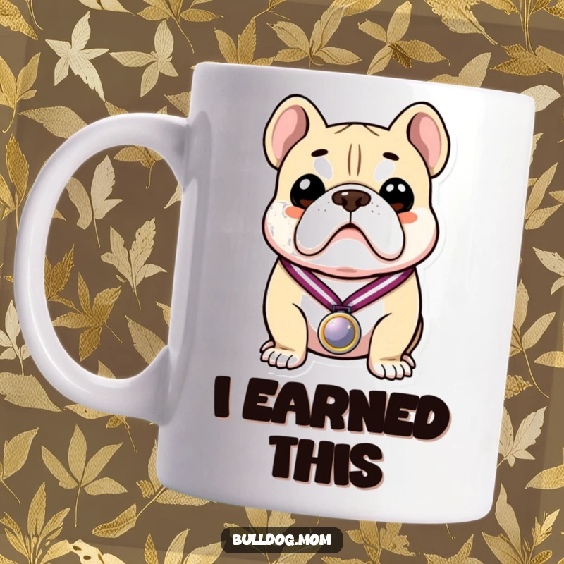 Funny mug featuring a proud bulldog clutching a shiny medal, celebrating its win with a triumphant expression.