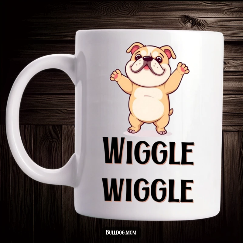 Funny mug featuring a bulldog doing a joyful, clumsy dance, spreading happiness and infectious energy.