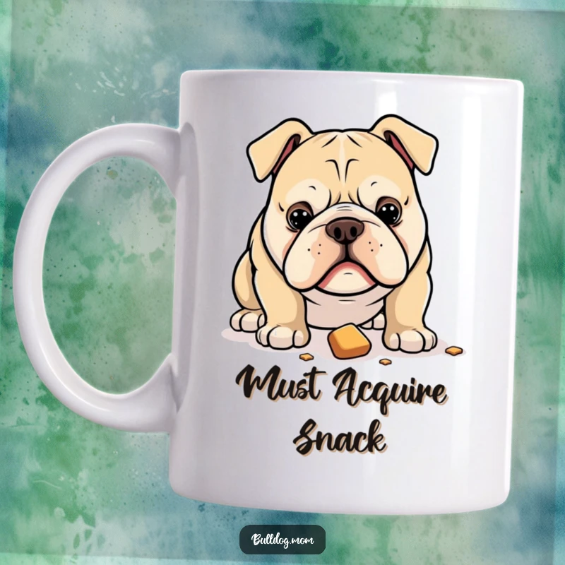 Funny mug featuring a bulldog with an intense, longing gaze fixed on a dropped treat below it.