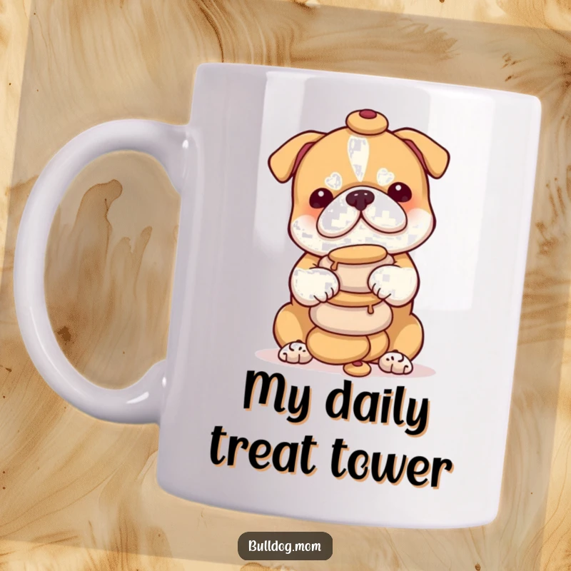 Funny Bulldog cub mug displaying a determined yet cute expression while balancing a precarious stack of treats, ready for a playful snack.
