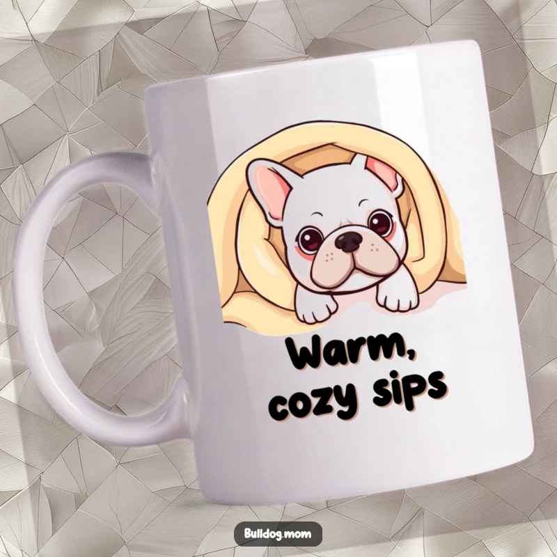 Funny Kawaii Bulldog Mug featuring a cute bulldog peeking out from under a soft, comfy blanket.