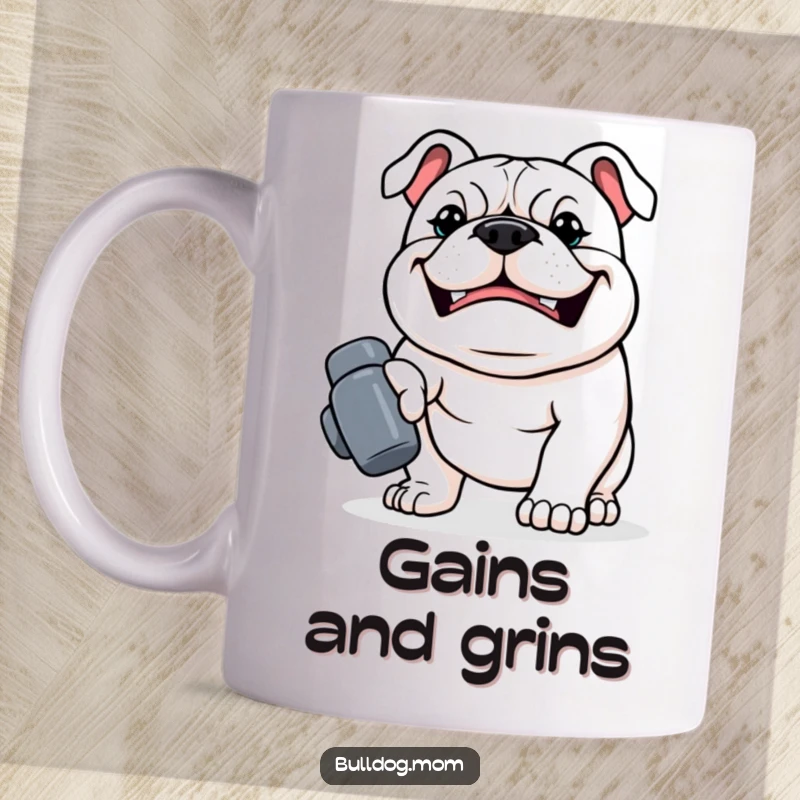 Funny Kawaii Bulldog Mug, a strong dog with a determined grin carrying a tiny dumbbell, inspiring fitness dog art.