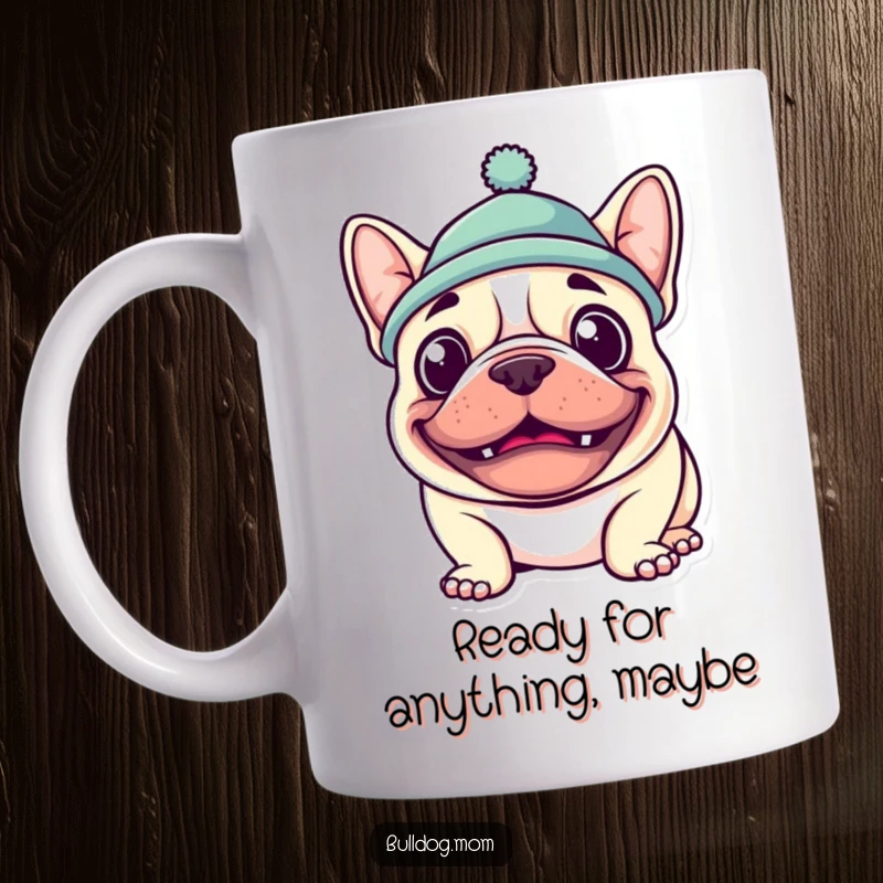 Funny Kawaii Bulldog Mug with a goofy grin and wearing a hat, a hilarious and cute design for dog lovers.