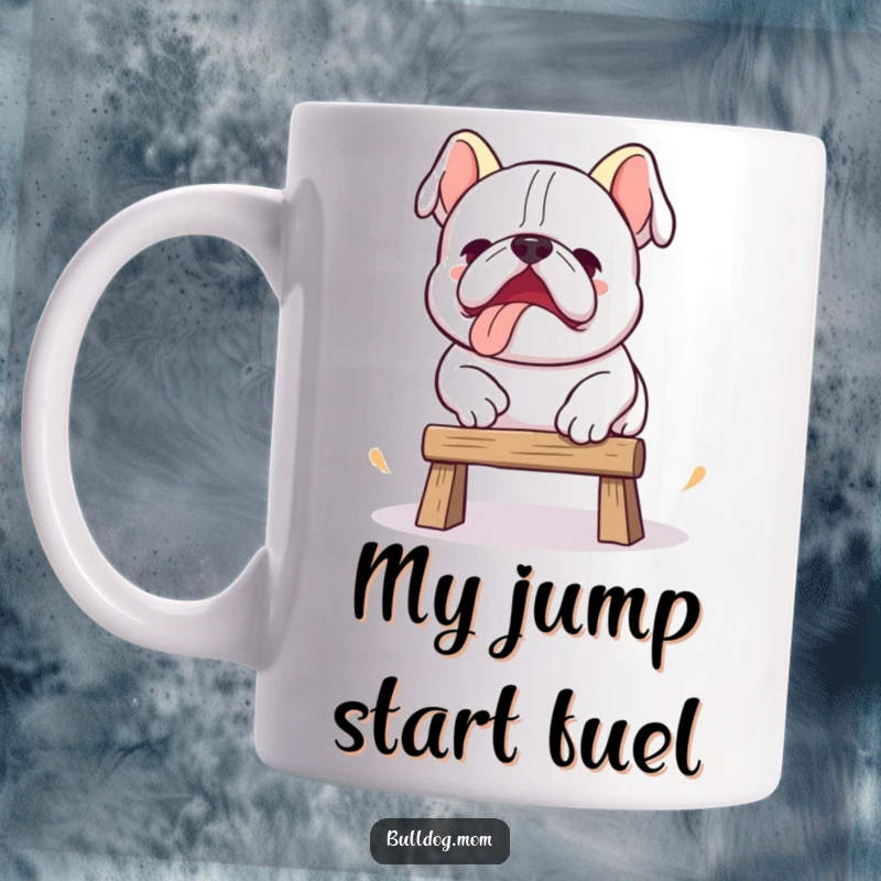 Funny Kawaii bulldog mug showing a cute pup attempting a clumsy jump over a small obstacle, full of determination.