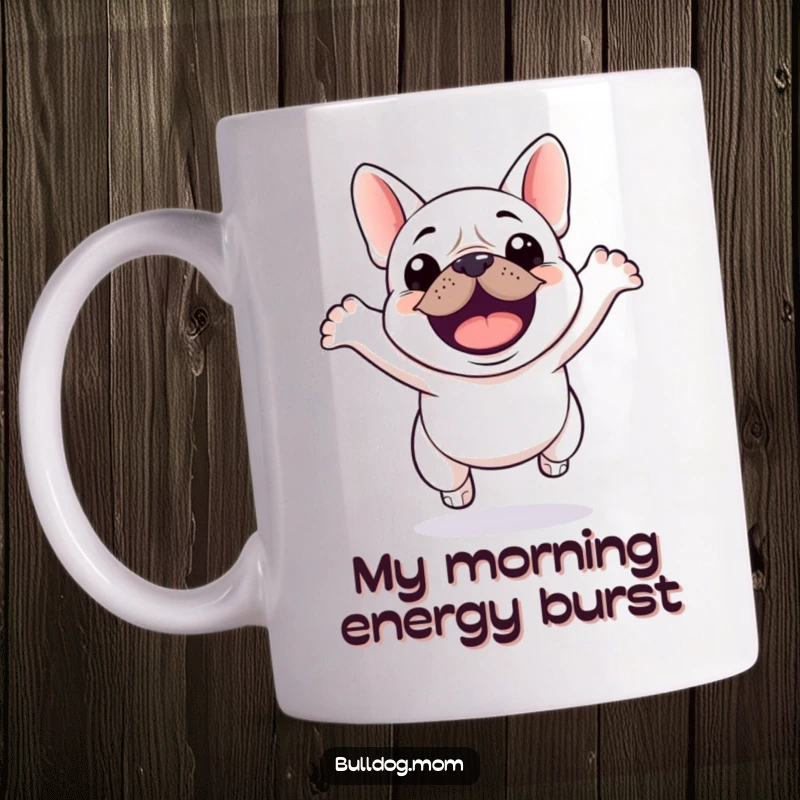 Funny Kawaii Bulldog Mug depicting a joyful bulldog mid-air, attempting an excited jump with pure glee.