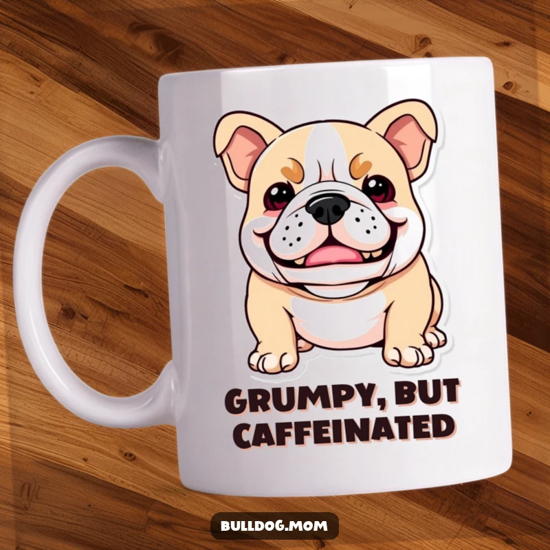 Funny Kawaii Bulldog mug showing a dog with a playful snarl that looks more like a happy smile, conveying mischievous joy.