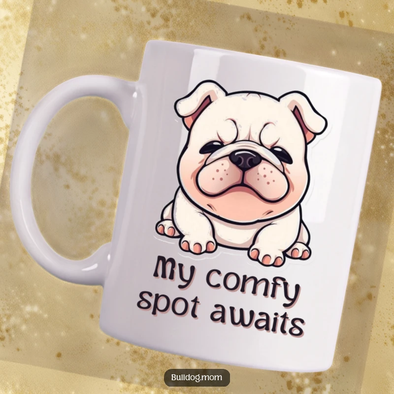 Funny Kawaii Bulldog mug featuring a happy bulldog flopped down with a satisfied sigh, embodying ultimate relaxation and joy.