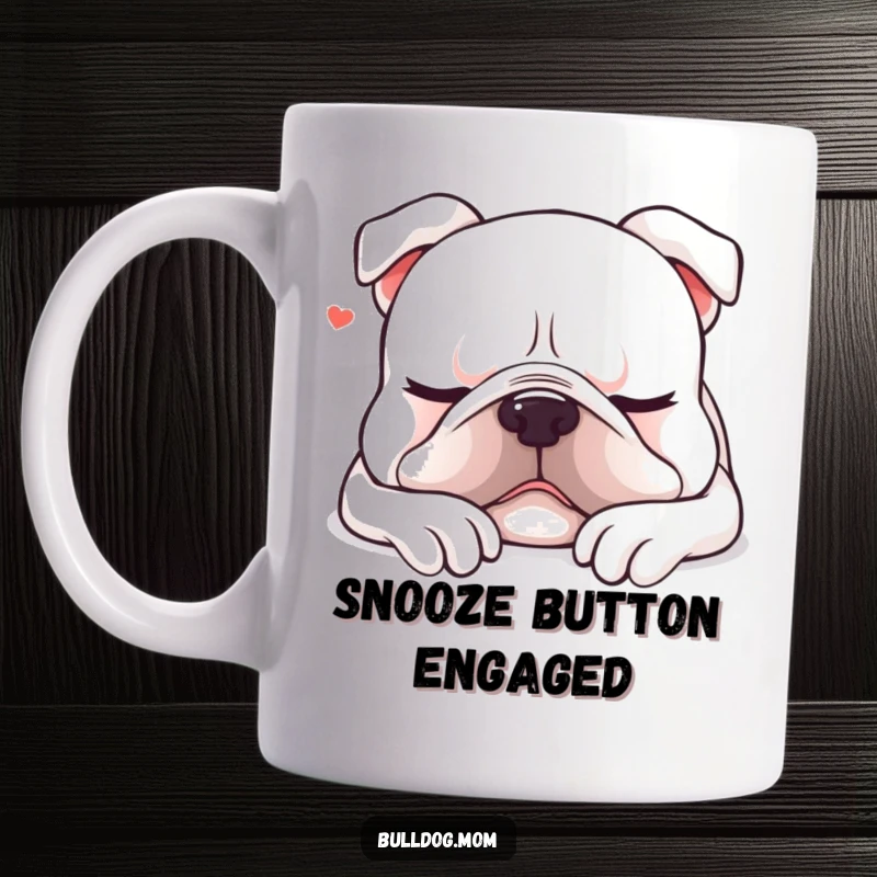 Funny Kawaii bulldog mug showing a dog with a contented sigh, settling down for a peaceful and humorous nap.
