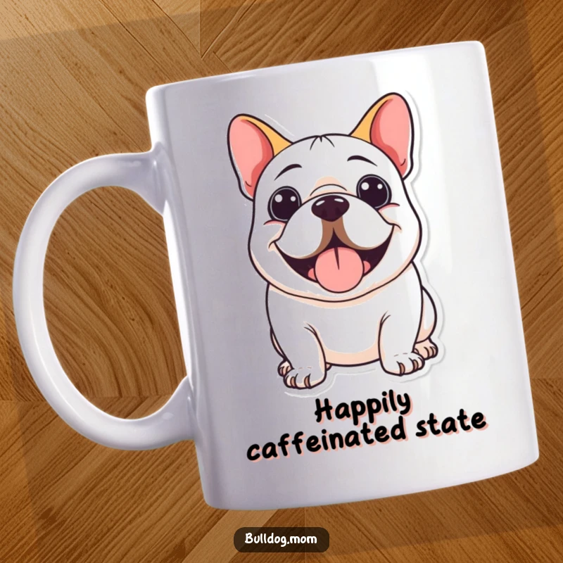 Funny Kawaii Bulldog Mug featuring a cute bulldog happily panting with a wide, infectious smile.