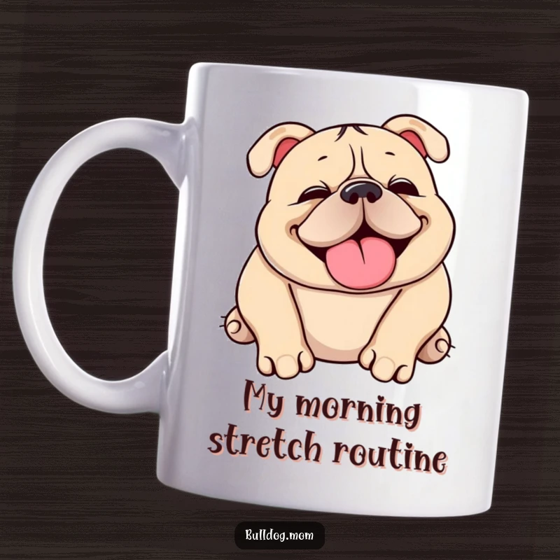 Funny Kawaii bulldog mug showing a cute, squishy pup happily snorting while rolling over playfully, full of joy.