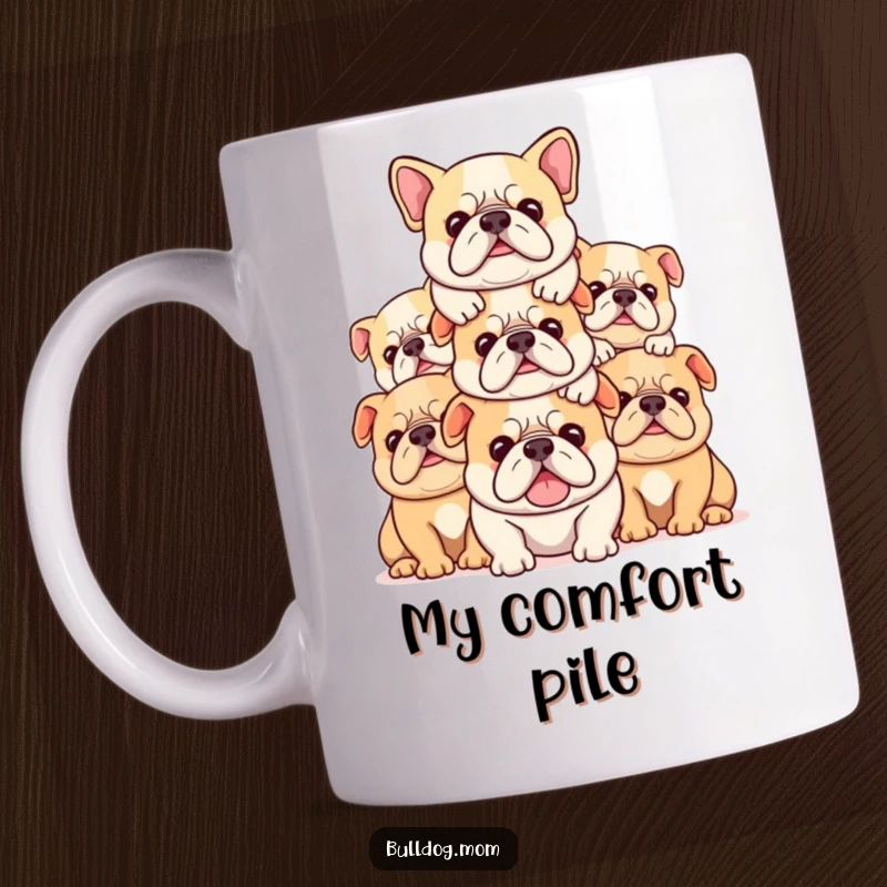 Funny Kawaii bulldog mug showing a stack of cute pups piled contentedly on top of each other, a heartwarming scene.