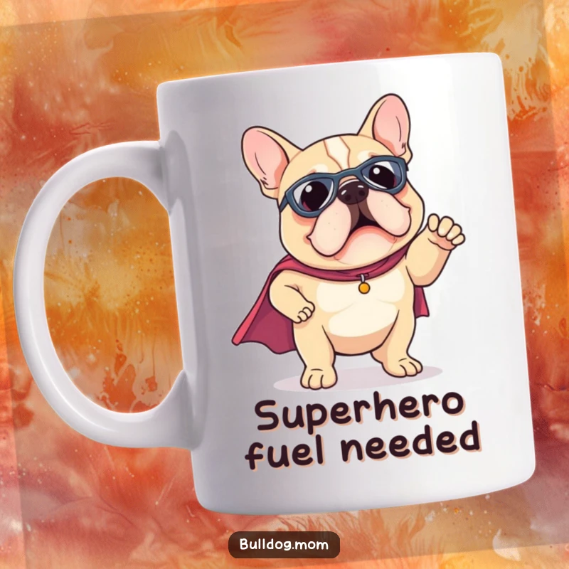 Funny Kawaii Bulldog mug wearing a tiny superhero cape, striking a funny pose, looking ready for action and heroism.