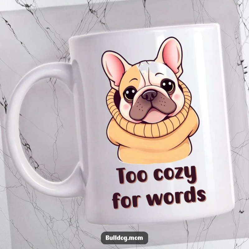 Funny Kawaii Bulldog Mug: A cute bulldog peeking out with big eyes from a comically oversized, cozy sweater.