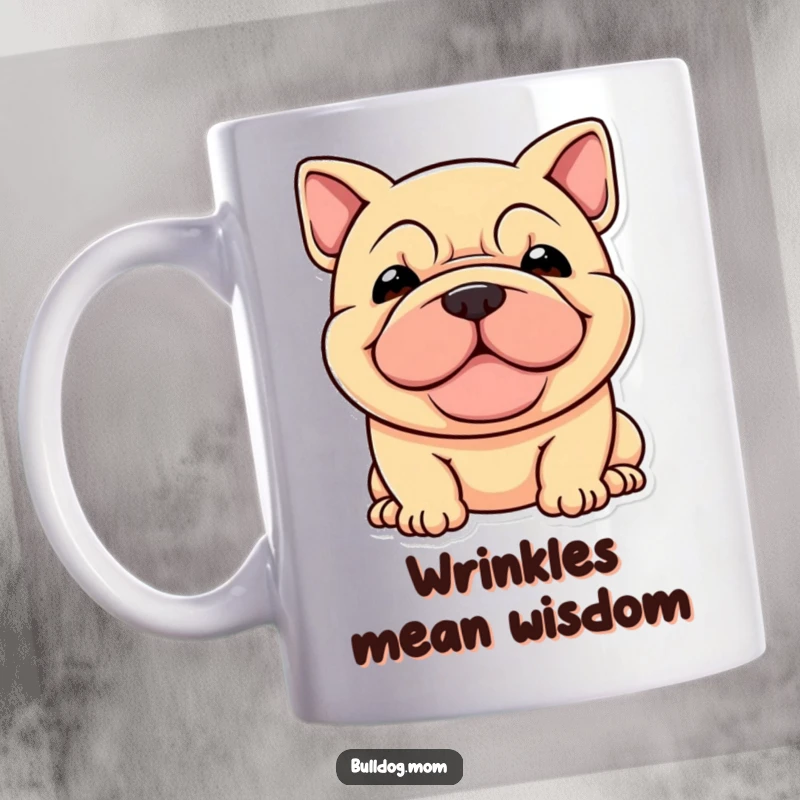 Funny mug featuring a stocky dog with a wide, happy smile and adorable wrinkles, radiating pure canine delight.