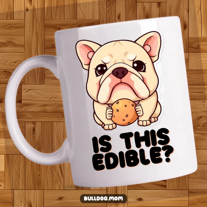 Funny Kawaii Bulldog Mug: Adorable pup with a wrinkled brow, confused expression while staring at a treat, perfect gift for dog moms.