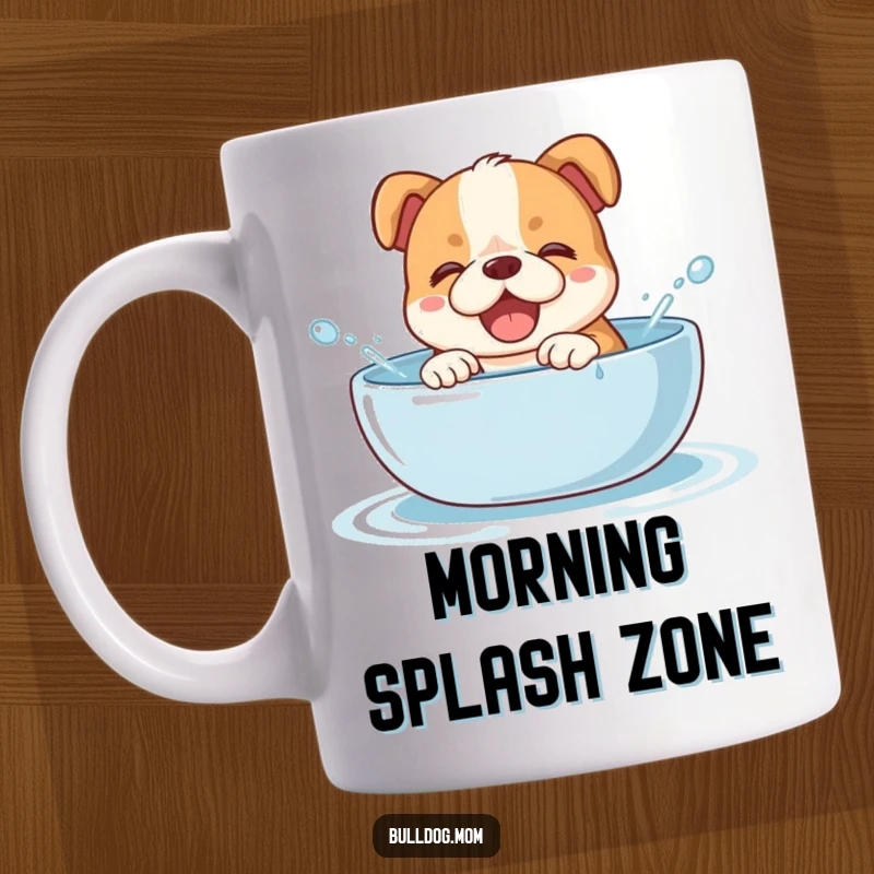 Funny bulldog cub mug showing a delighted puppy giggling and splashing playfully in a shallow water bowl, radiating pure, wet joy.