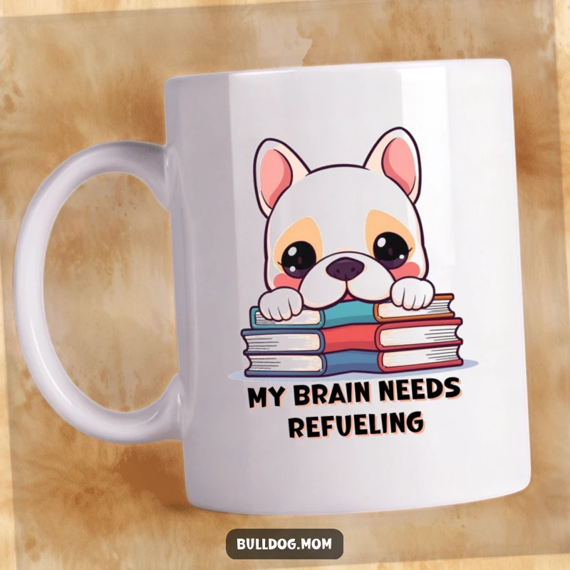 Funny Kawaii Bulldog peeking over a wobbly pile of books curiously, a delightful and humorous design for book lovers.