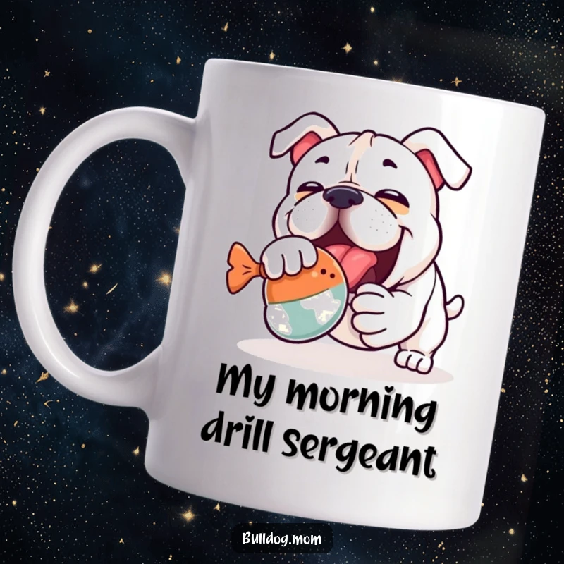 Funny Kawaii Bulldog Mug: An adorable bulldog enthusiastically wrestling a squeaky toy, full of playful energy and determination.