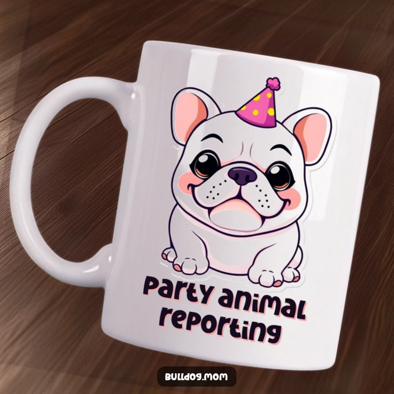 Funny Kawaii Bulldog mug, adorned with a tiny party hat, sporting a huge goofy grin, radiating pure, unadulterated celebratory joy.