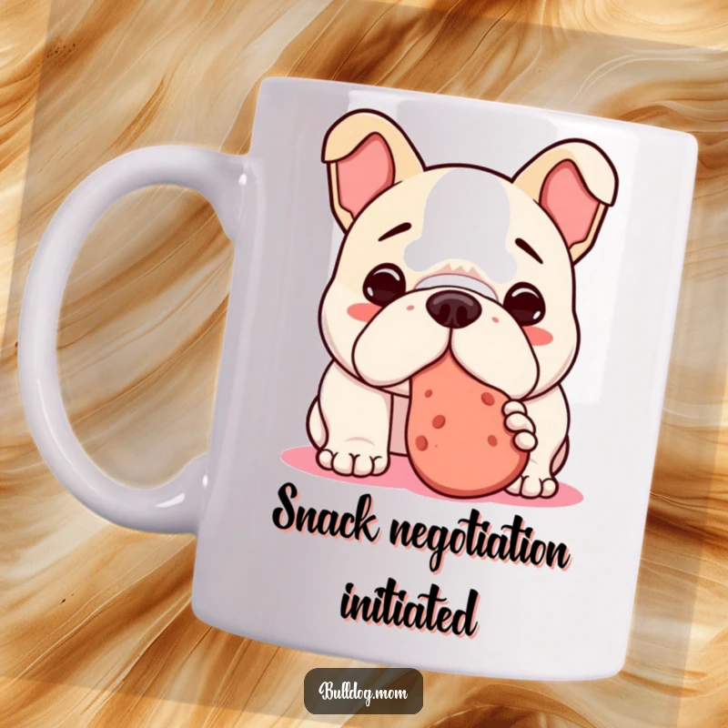 Funny Kawaii Bulldog Mug showing a cute dog nudging a treat with its nose, a humorous and heartwarming design.